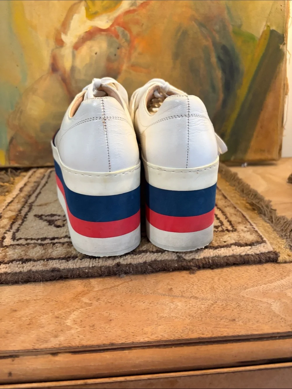 Gucci DAMAGED White Platform Sneakers with Red and Blue Stripe Accents - SZ 38